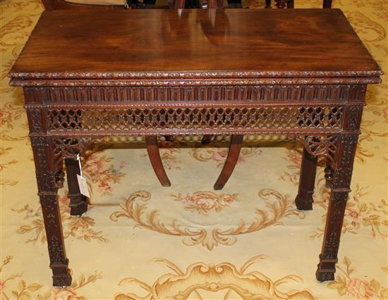 A Gothic Chippendale revival mahogany folding card table, W.3ft